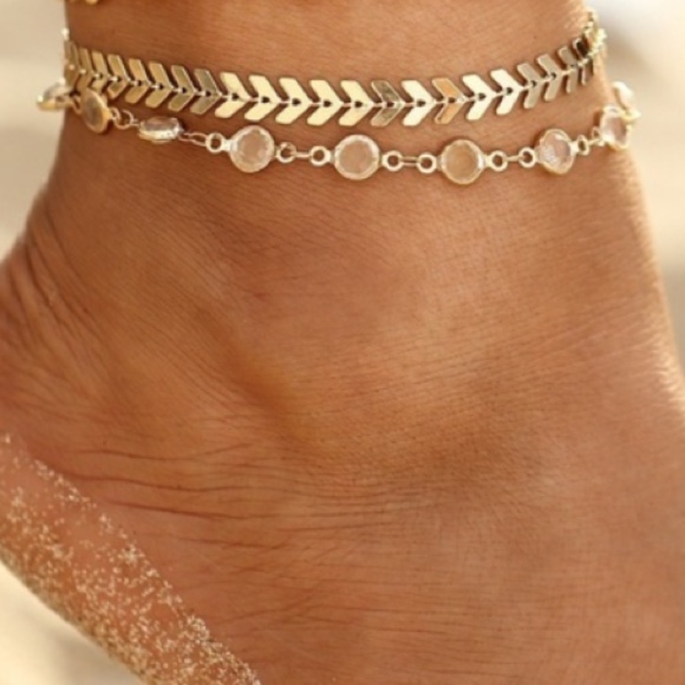 NWT Gold Colored Multi-Layer Anklet Set